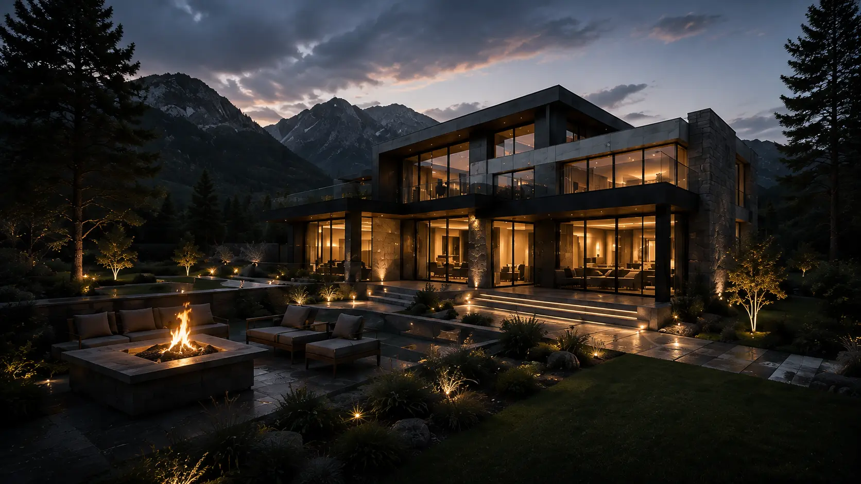 Contemporary alpine residence illuminated at dusk