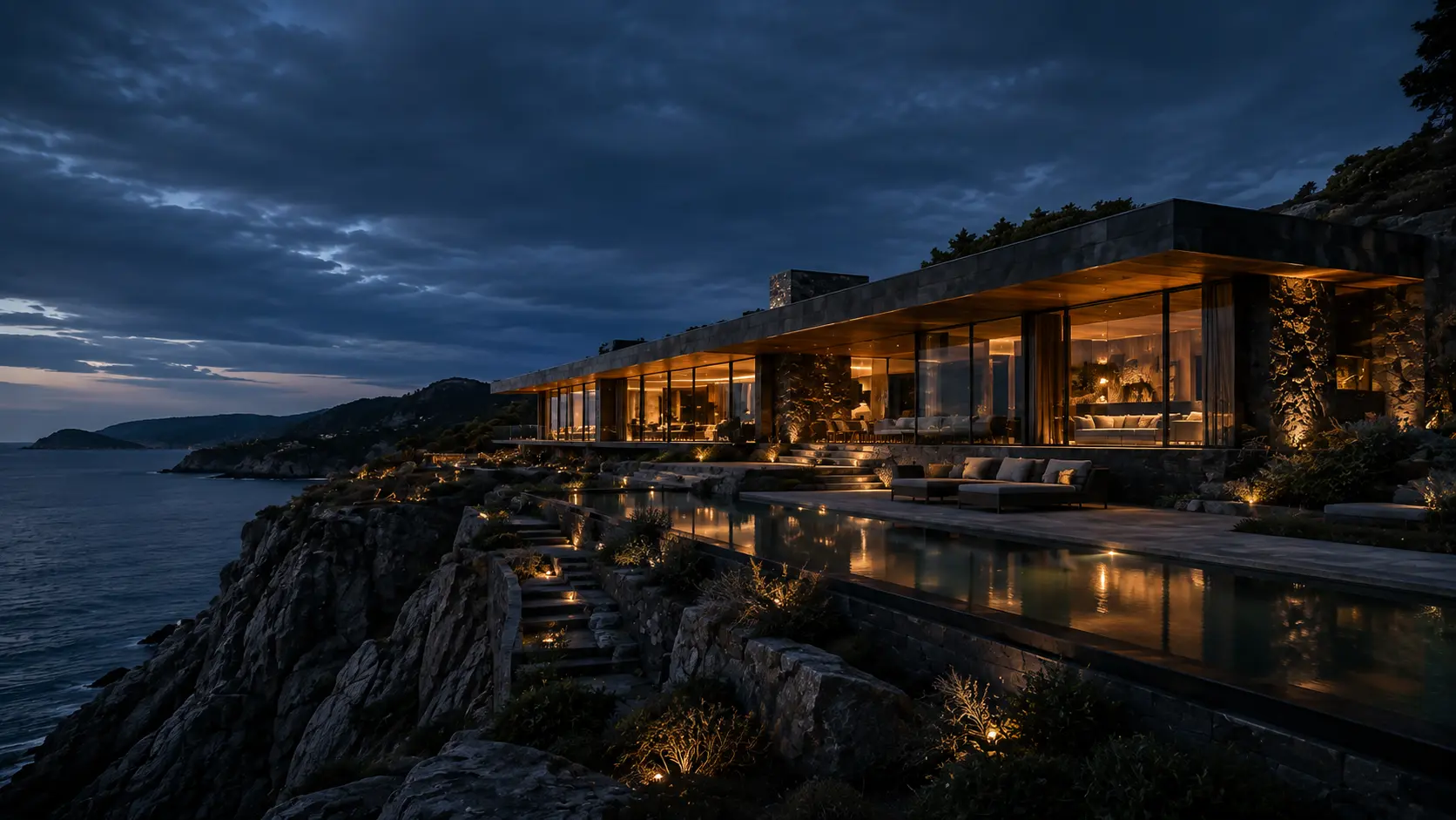 Cliffside coastal villa with infinity pool at blue hour
